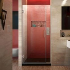 Best Pirce 💯 DreamLine Unidoor Plus 34-1/2 in. Frameless Hinged Shower Door with Clear Tempered Glass in Brushed Nickel 🥰